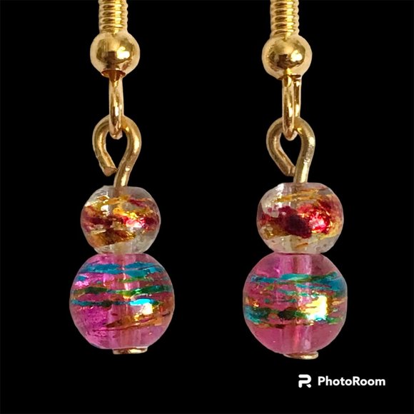 Pink Aqua Blue Murano Glass Earrings Bead Hand Painted Round Gold Plated Dangle - Picture 1 of 13